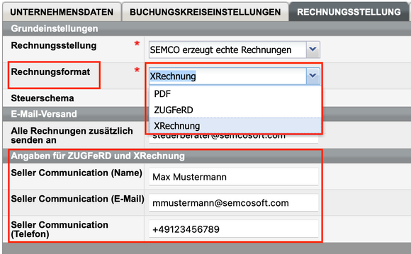 Unternehmensdaten-Formular mit Einstellungsmöglichkeit des Formats (ZUGFeRD, XRechnung oder PDF) für die Rechnungsstellung