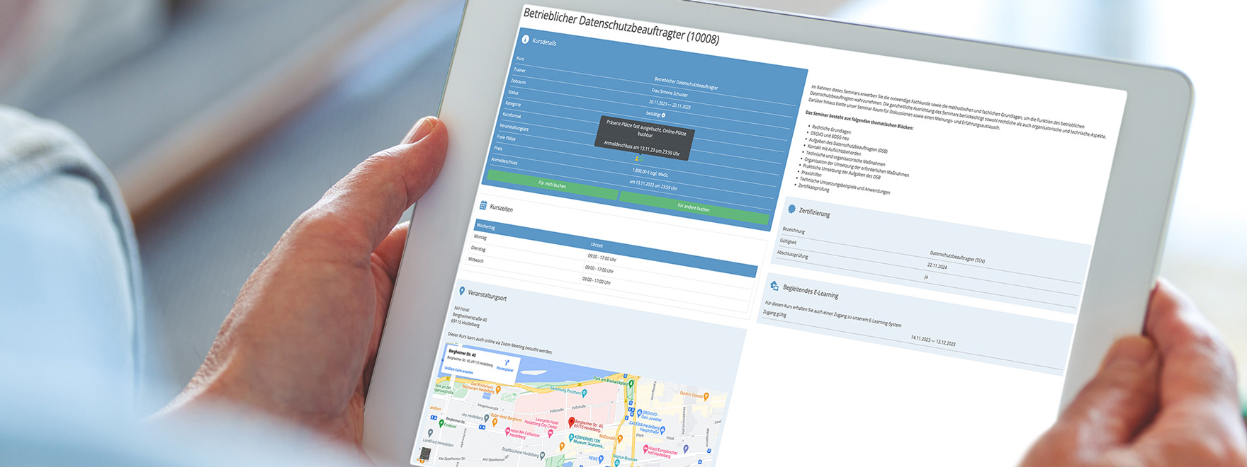 Tablet mit dem Kurskalender von SEMCO